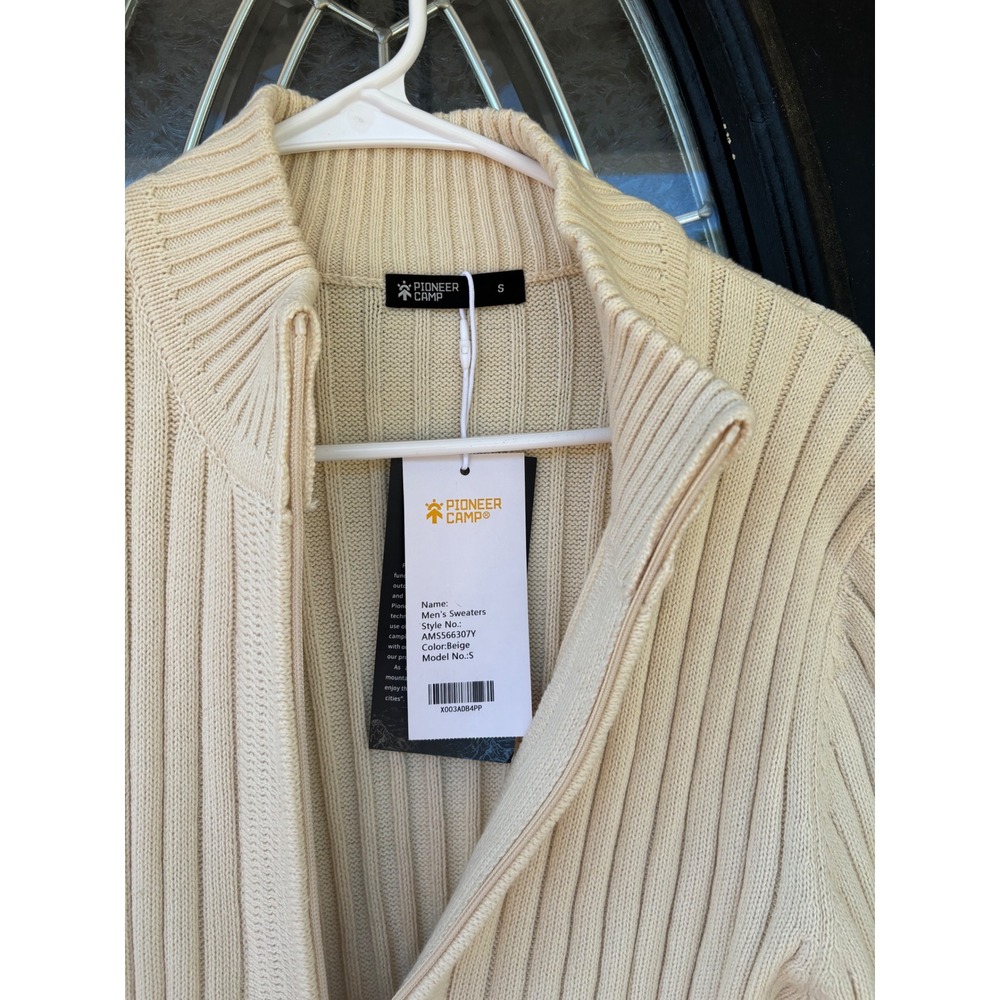Pioneer Camp Mens Beige Ribbed Full Zip Mock Neck Sweater AMS566307Y Size S NEW - Picture 5 of 7